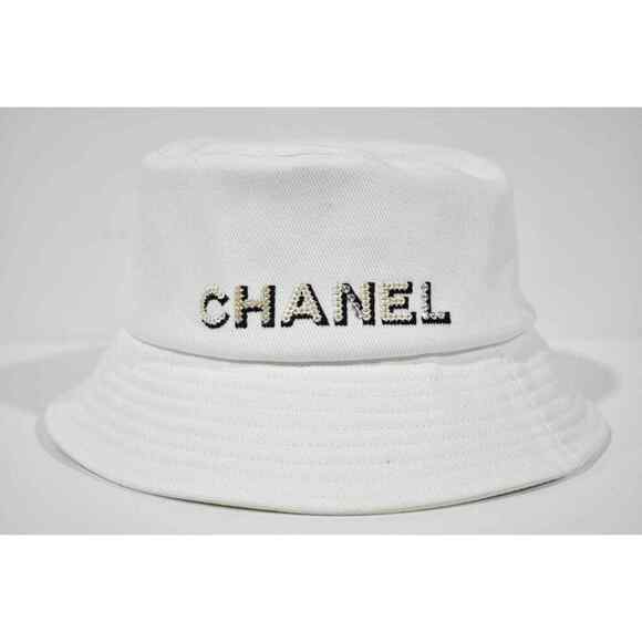 Chanel 22P White Ivory Denim Crystal Sequin Logo Sun Cloche Bucket Hat Medium M main image 7